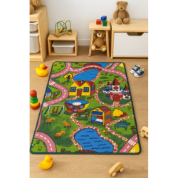 Dywan dziecięcy bajkowe miasteczko – kolorowy, poliester, filcowy spód